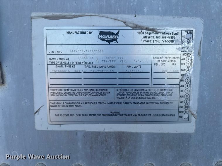image for item YA1516 2000 Wabash DVCVHPC dry van trailer