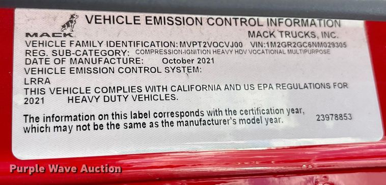 image for item YA1583 2022 Mack Granite crane truck