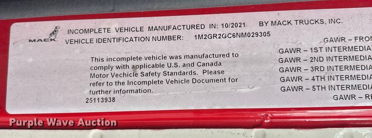 image for item YA1583 2022 Mack Granite crane truck