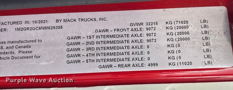 image for item YA1583 2022 Mack Granite crane truck