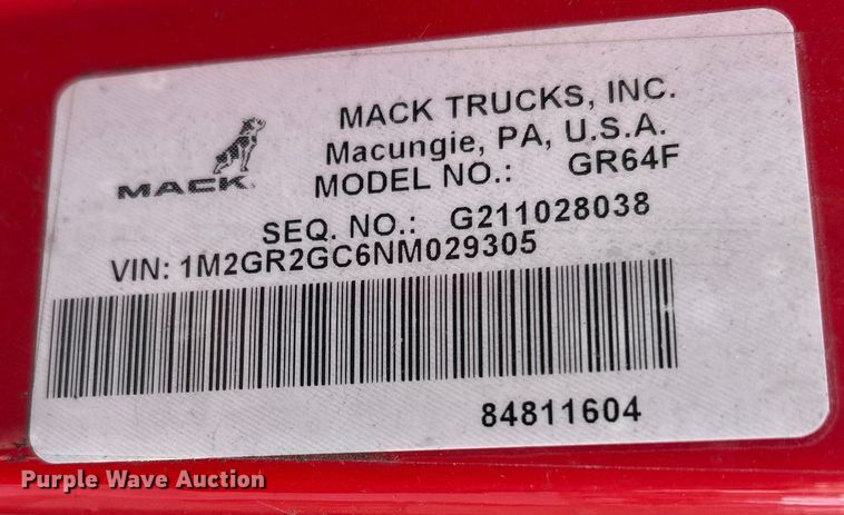 image for item YA1583 2022 Mack Granite crane truck