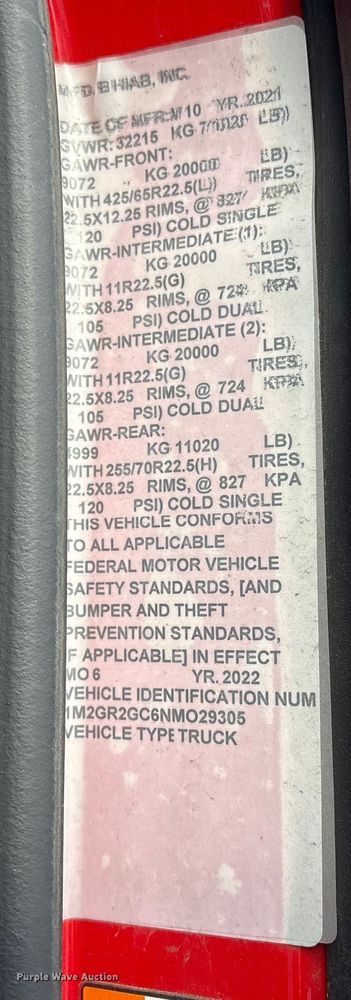 image for item YA1583 2022 Mack Granite crane truck