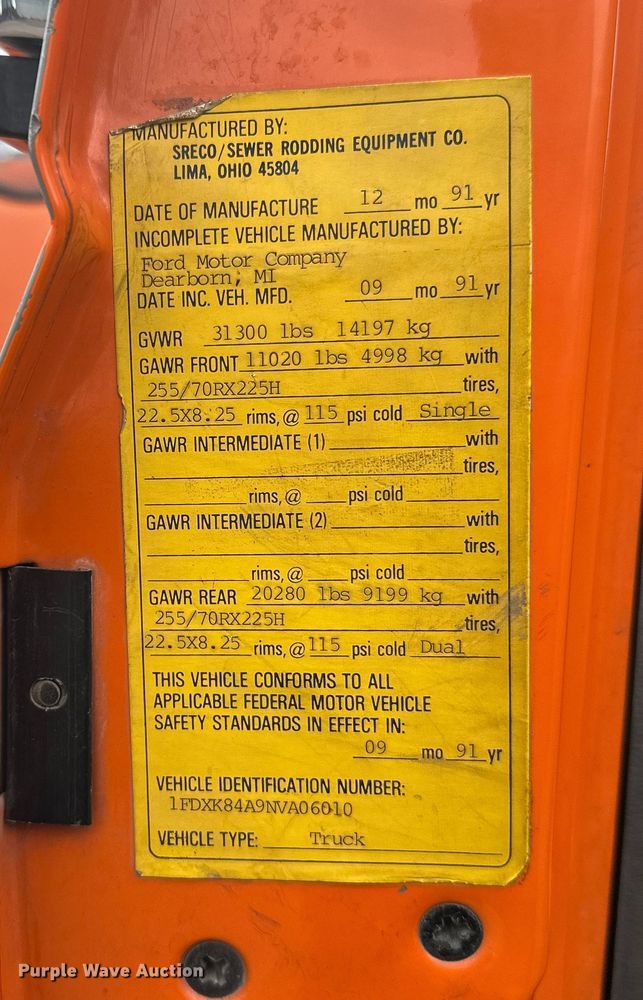 image for item DT6429 1992 Ford 8000 sewer jetter truck