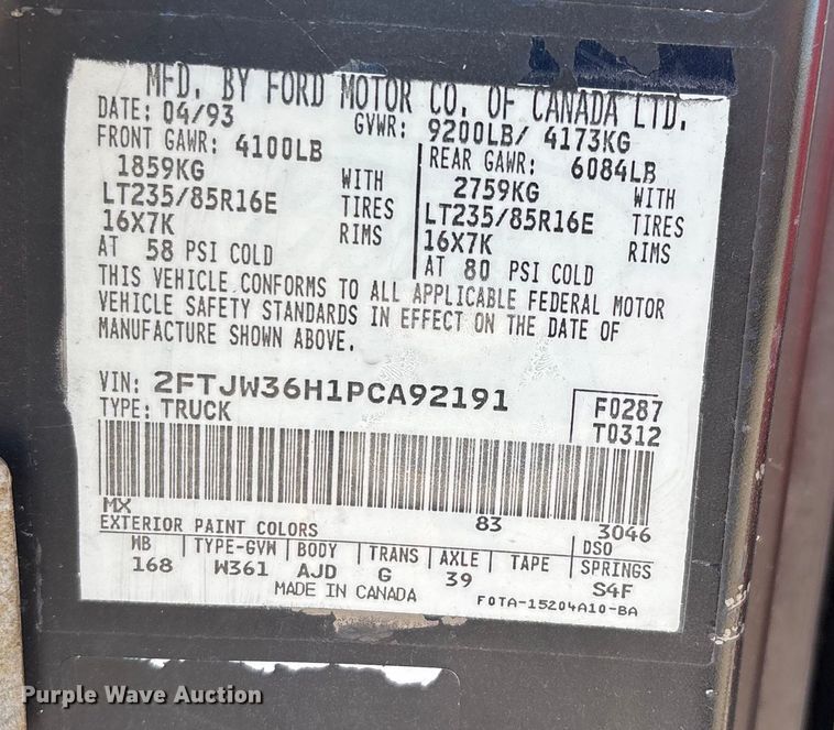 image for item DW7283 1993 Ford F350 XL Crew Cab pickup truck