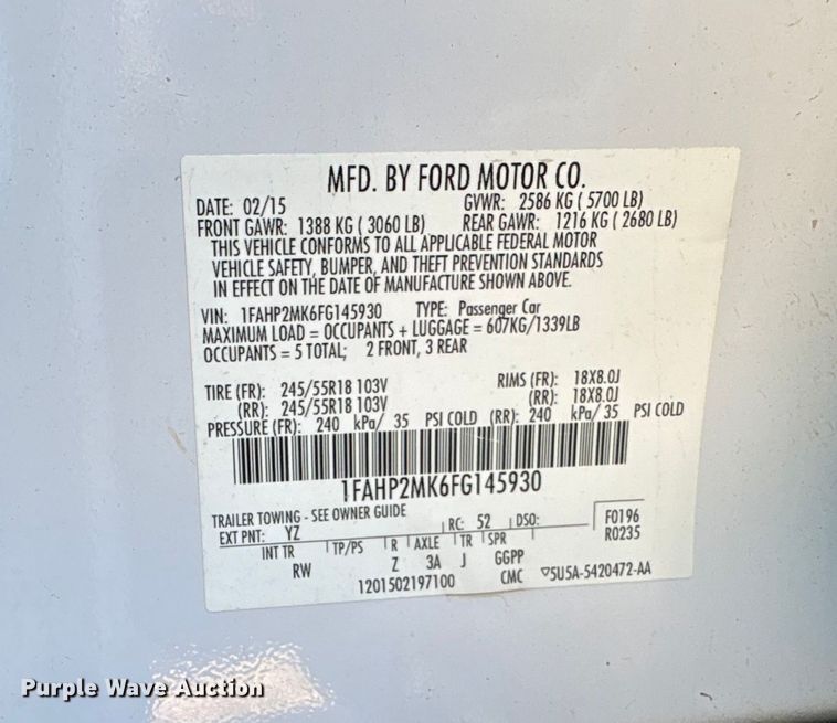 image for item EA7675 2015 Ford Taurus Police Interceptor 