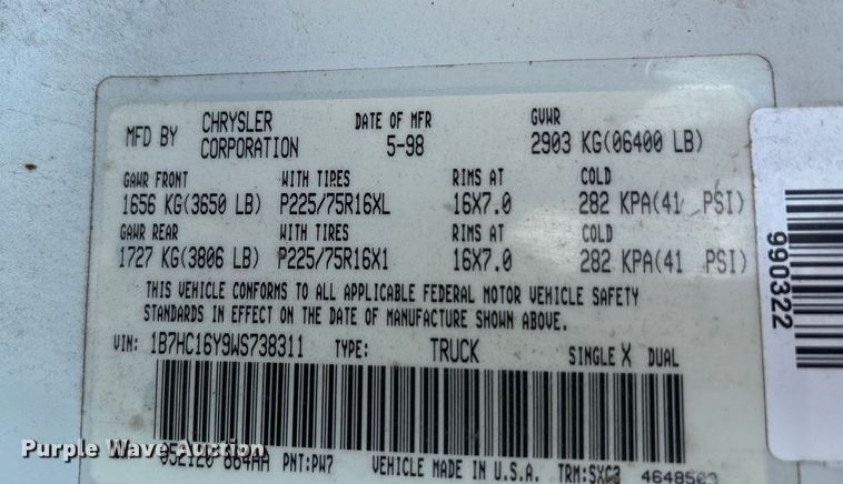 image for item EA7686 1998 Dodge Ram 1500 pickup truck