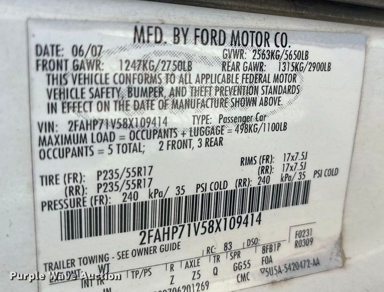 image for item EA7739 2008 Ford Crown Victoria Police Interceptor 