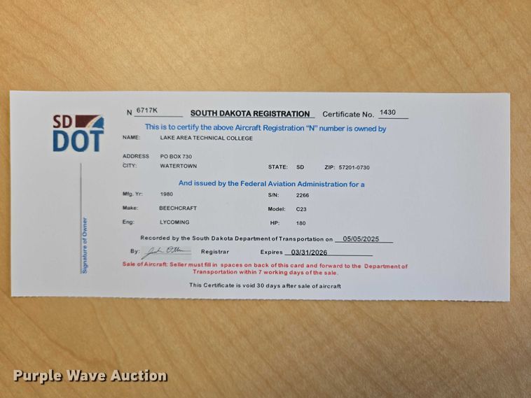 image for item EB1158 1980 Beechcraft Sundowner C23 airplane