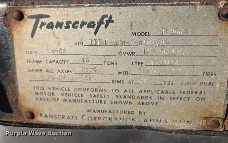 image for item EB1170 1986 Transcraft TL90K-45 flatbed trailer