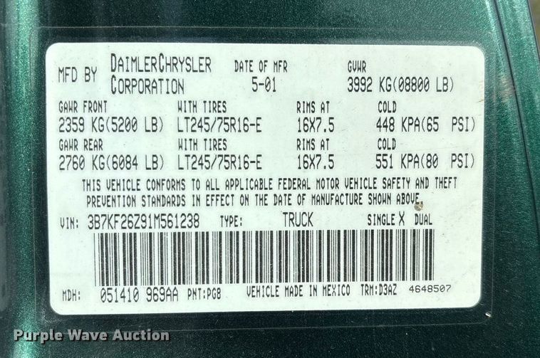 image for item ED2340 2001 Dodge Ram 2500 pickup truck