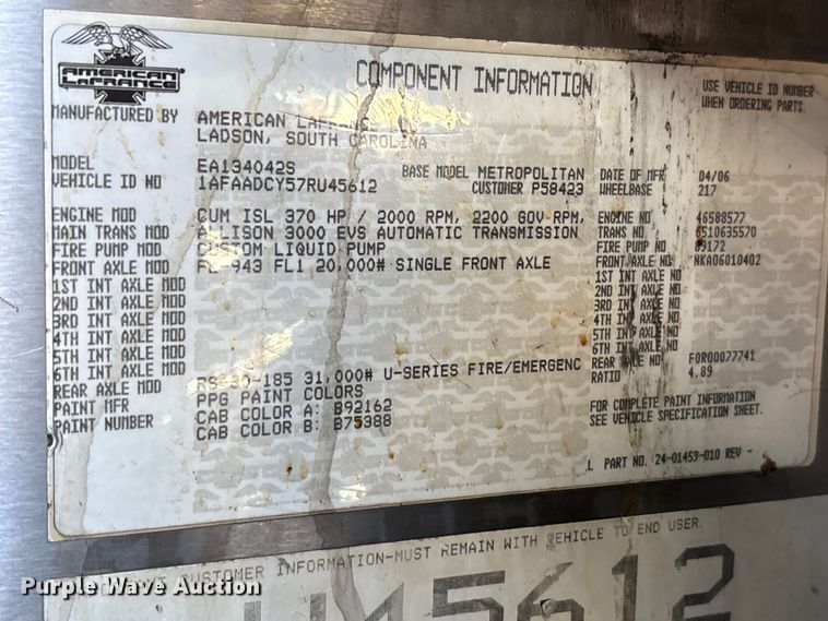 image for item EM6169 2007 American LaFrance Metropolitan pumper fire truck