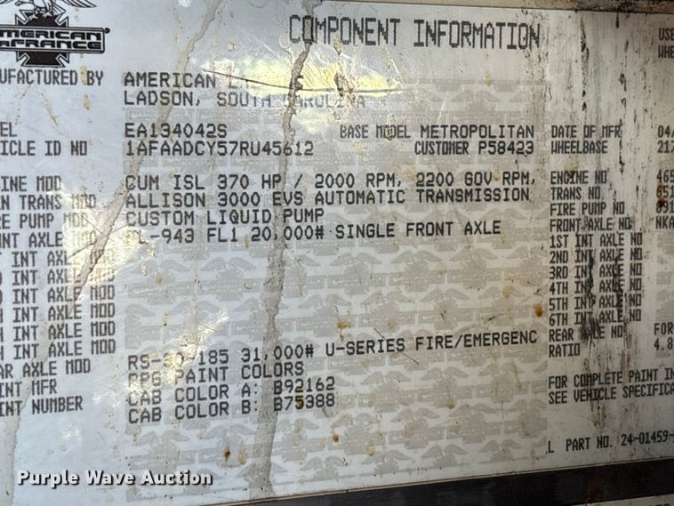 image for item EM6169 2007 American LaFrance Metropolitan pumper fire truck