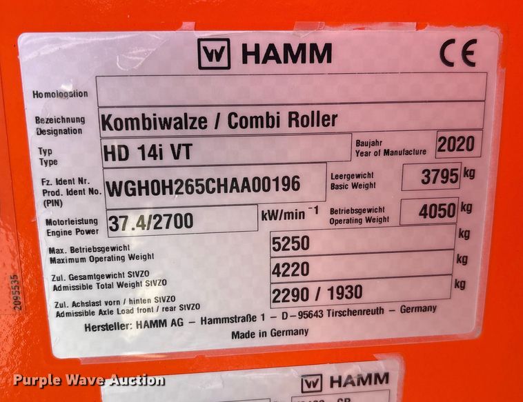 image for item EM6179 2020 HAMM HD 14i VT combination vibratory roller