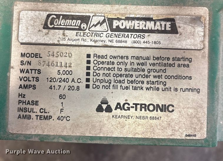 image for item EN5806 Coleman Powermate 545020 generator