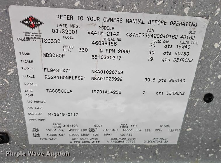 image for item EO4857 2001 Spartan Advantage pumper fire truck