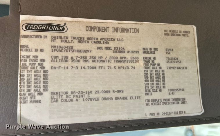 image for item ET6613 2015 Freightliner Business Class M2 dump truck