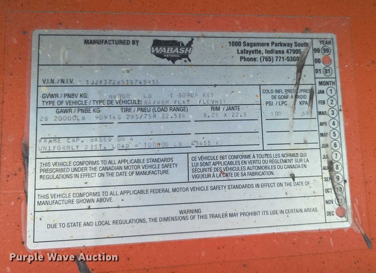 image for item FI0670 2001 Wabash flatbed trailer