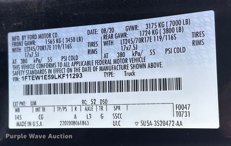 image for item NA9899 2020 Ford F150 XL SuperCrew pickup truck