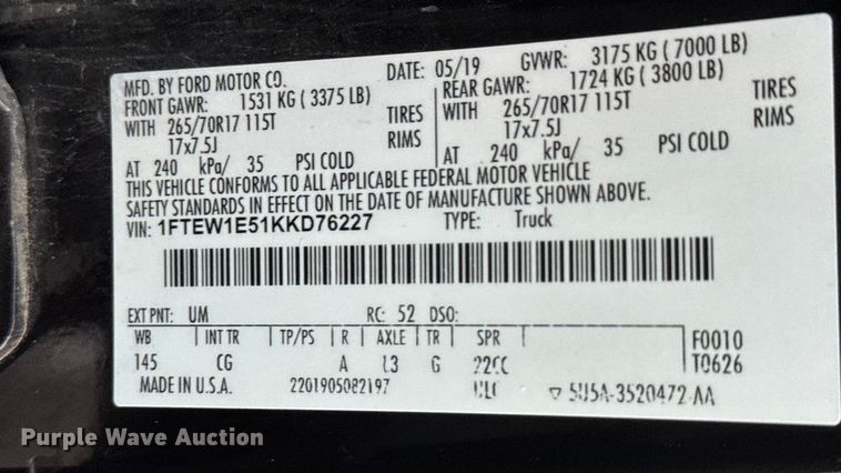 image for item NA9901 2019 Ford F150 XL SuperCab pickup truck