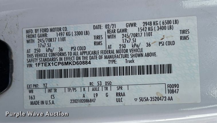 image for item DK0132 2021 Ford F150 SuperCab pickup truck