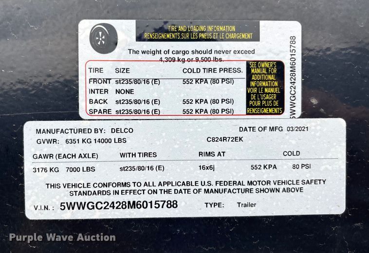 image for item DK0219 2021 Delco C824R72EK equipment trailer