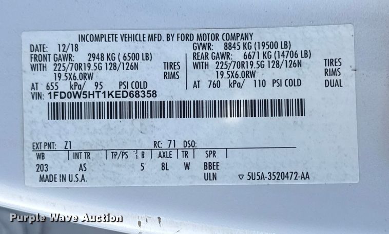 image for item DQ4134 2019 Ford F550 Super Duty XL truck cab and chassis