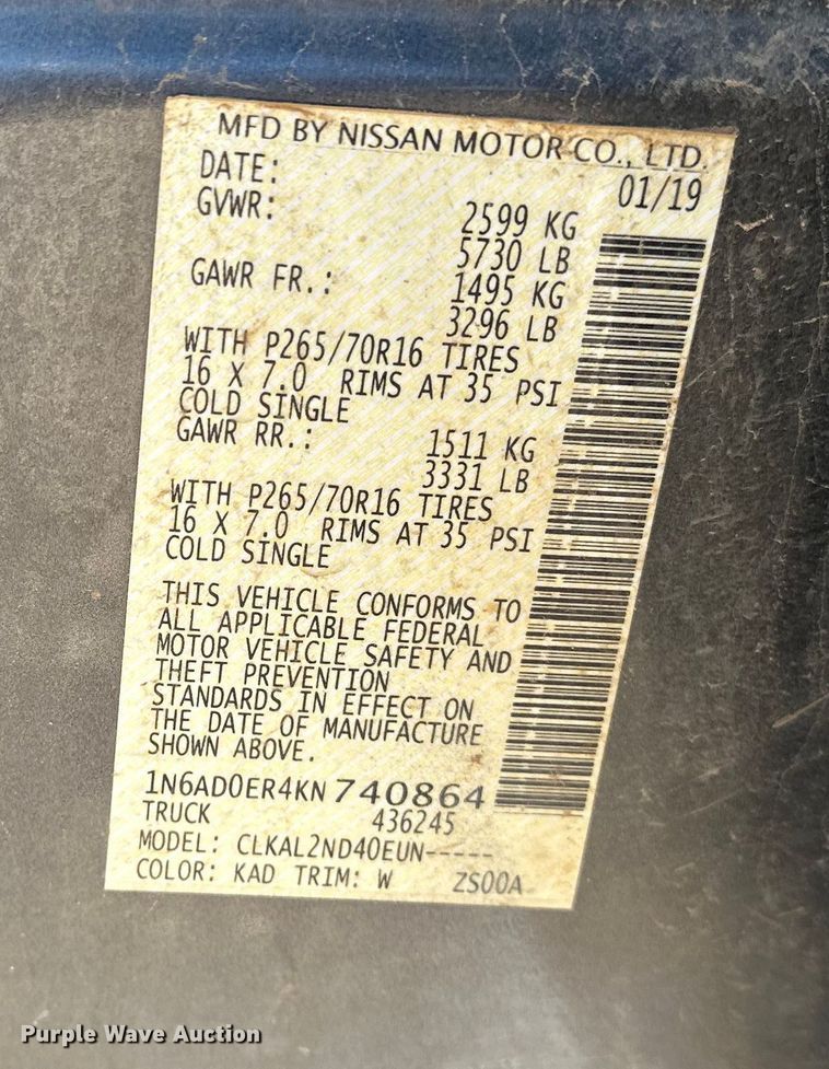 image for item DQ7714 2019 Nissan Frontier Crew Cab pickup truck