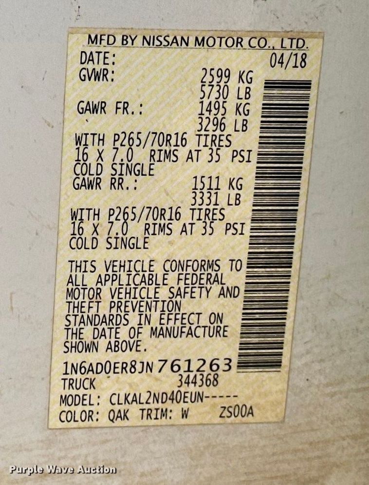 image for item DQ7723 2018 Nissan Frontier Crew Cab pickup truck