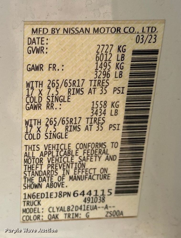 image for item DQ7726 2023 Nissan Frontier Crew Cab pickup truck