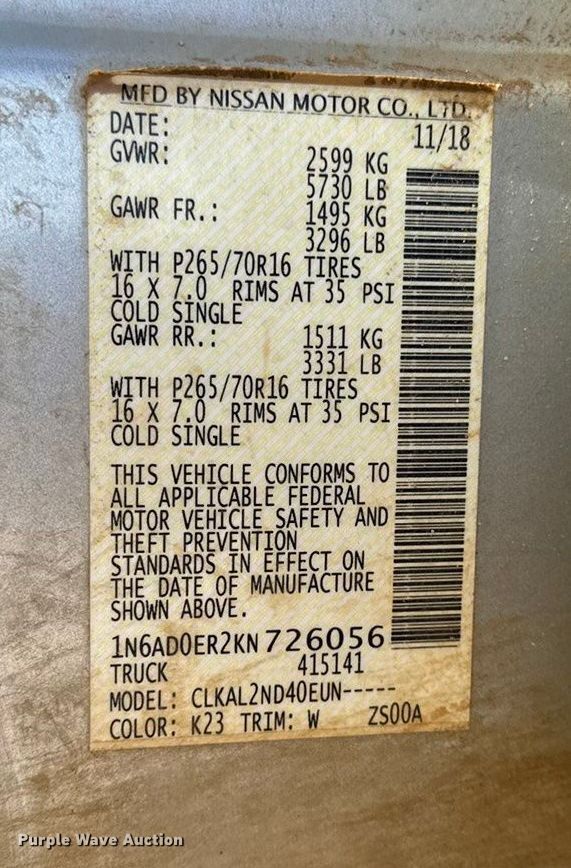 image for item DQ7728 2019 Nissan Frontier Crew Cab pickup truck