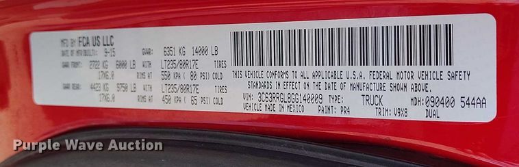 image for item DT0775 2016 RAM 3500 Crew Cab flatbed pickup truck