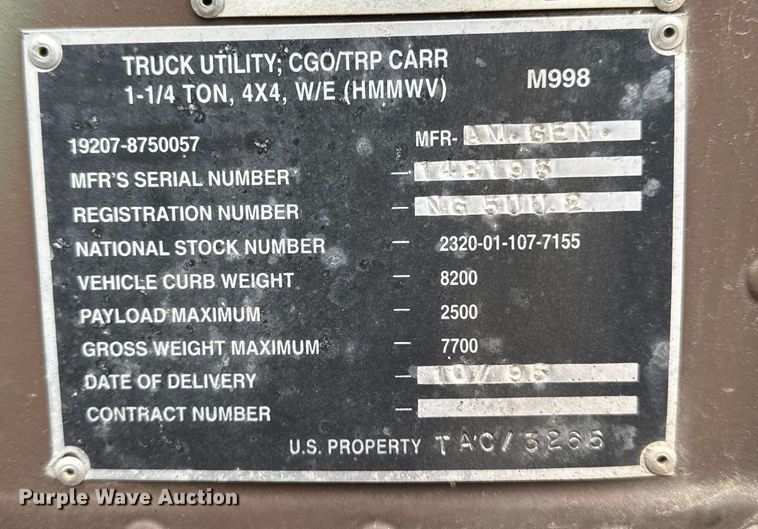 image for item EA2015 2004 AM General M998 SUV