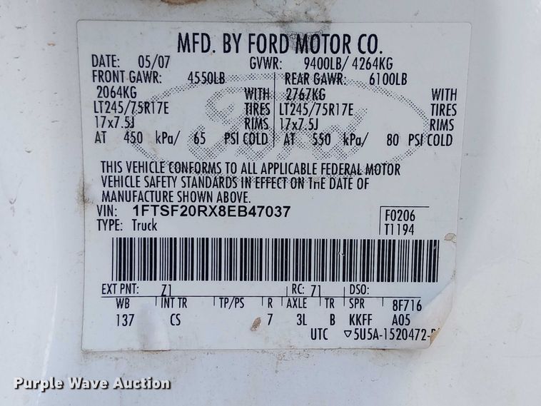 image for item EC1294 2008 Ford F250 Super Duty flatbed pickup truck