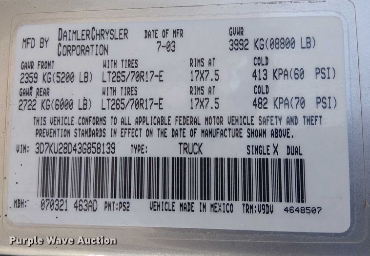 image for item EC1314 2003 Dodge Ram 2500 Quad Cab pickup truck