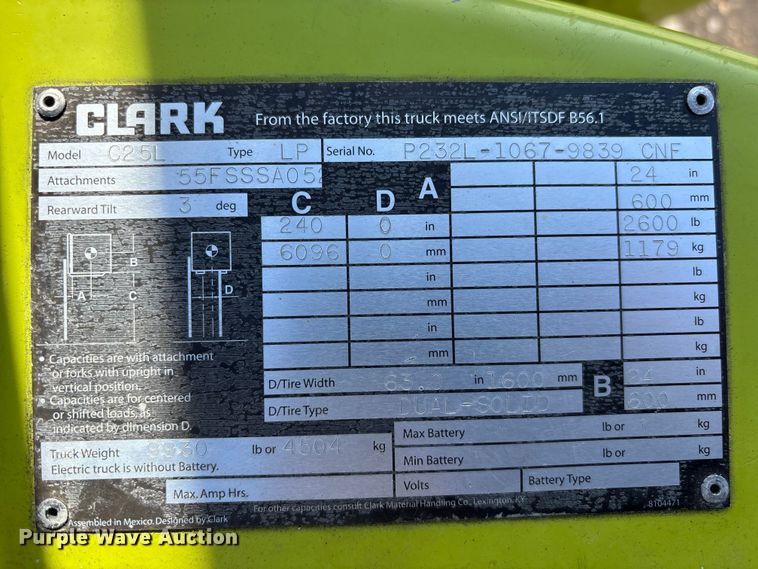 image for item EC3911 2015 Clark C25 forklift