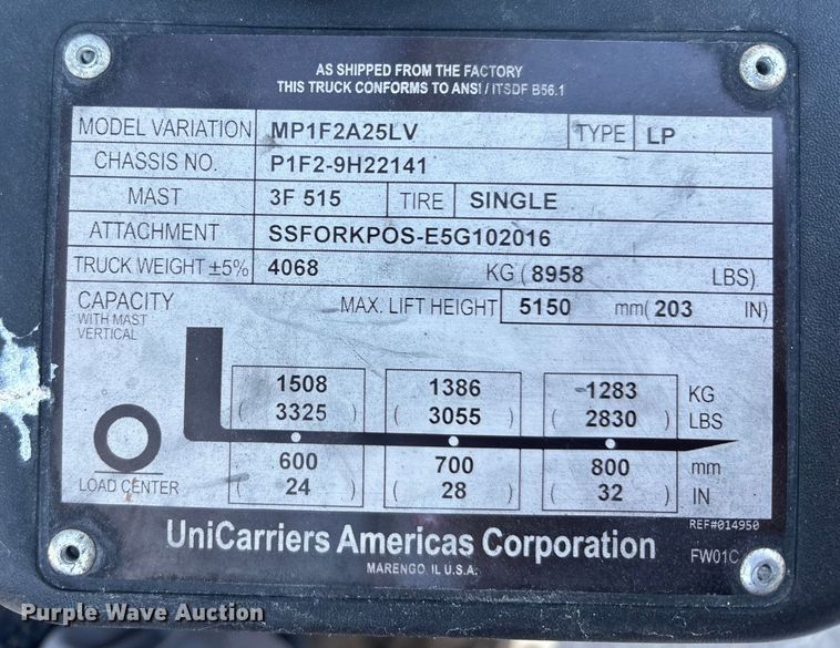 image for item EC3914 2017 UniCarriers PF50 forklift