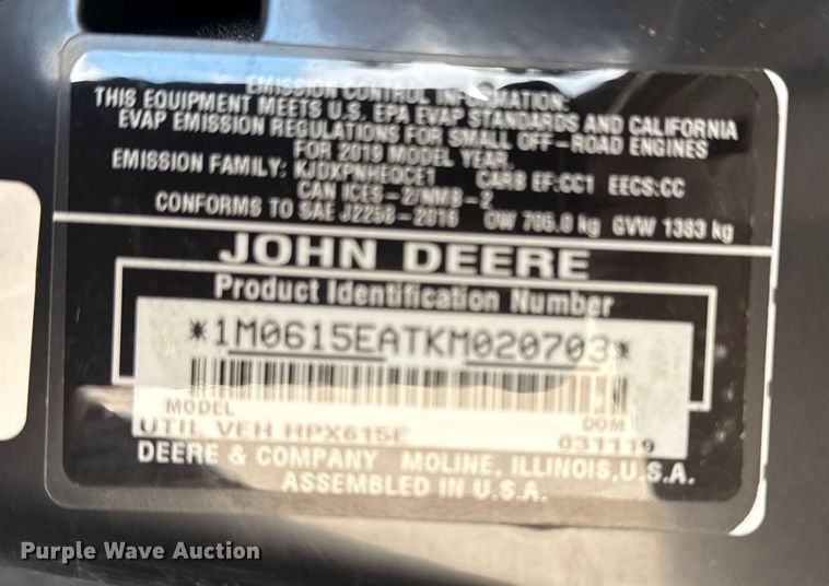 image for item EG6136 2018 John Deere Gator HPX615E utility vehicle