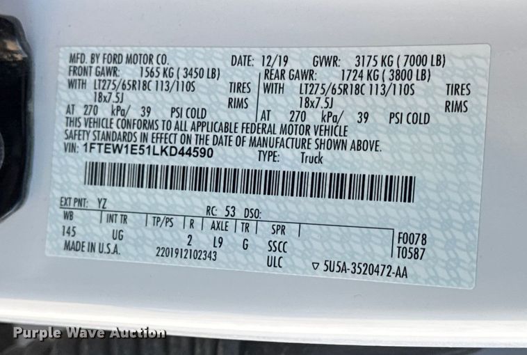 image for item EN0708 2020 Ford F150 XLT SuperCrew pickup truck