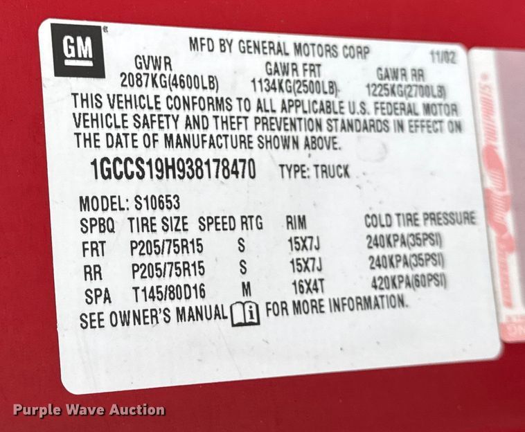 image for item EN0719 2003 Chevrolet S10 LS Ext. Cab pickup truck