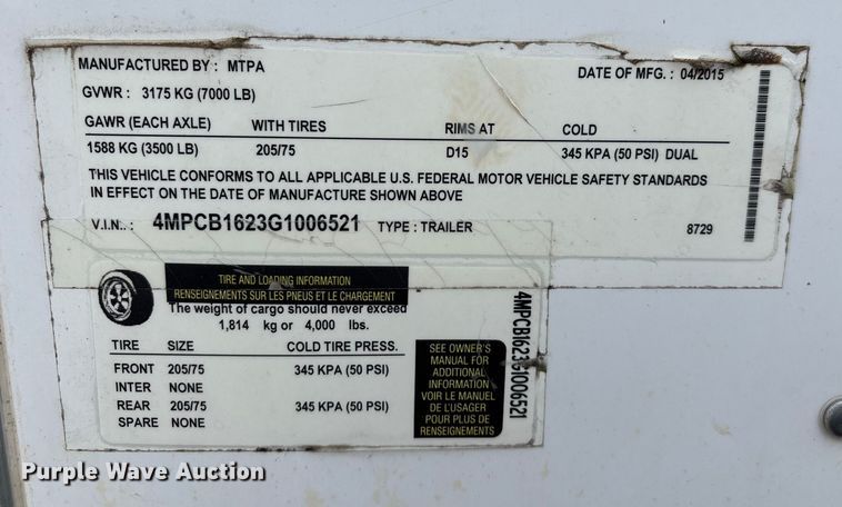 image for item EN5842 2016 MTPA Pro Star Windbreaker enclosed cargo trailer