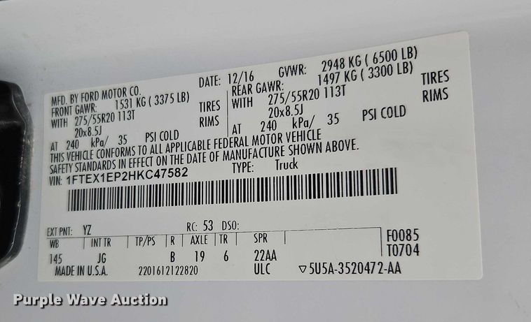 image for item EO4852 2017 Ford F150 XL SuperCab pickup truck