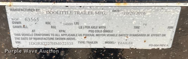 image for item ER0250 2017 Doolittle XTHD8222 utility trailer
