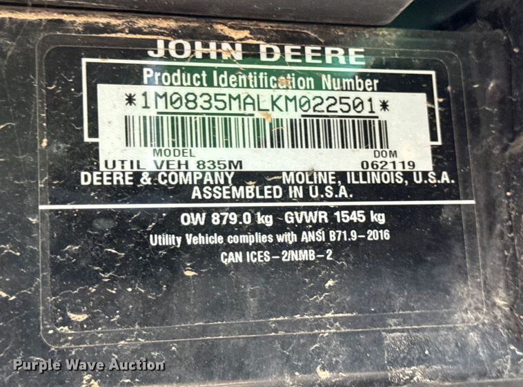image for item ER0278 2019 John Deere XUV835M utility vehicle