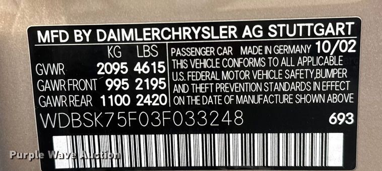 image for item ET4001 2003 Mercedes-Benz SL500 