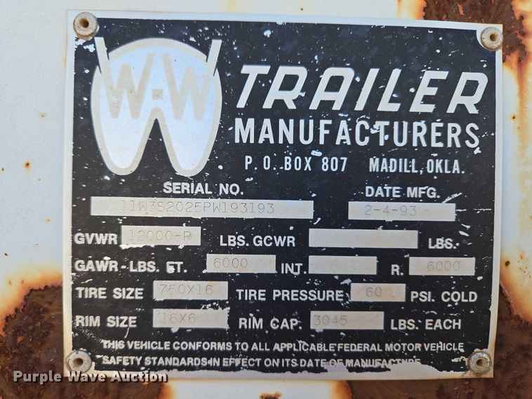 image for item ET5238 1993 W-W Trailer Manufacturers livestock trailer
