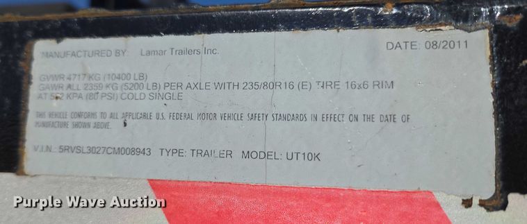 image for item ET5246 2012 Lamar Trailers INC. UT10K equipment trailer