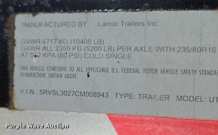 image for item ET5246 2012 Lamar Trailers INC. UT10K equipment trailer