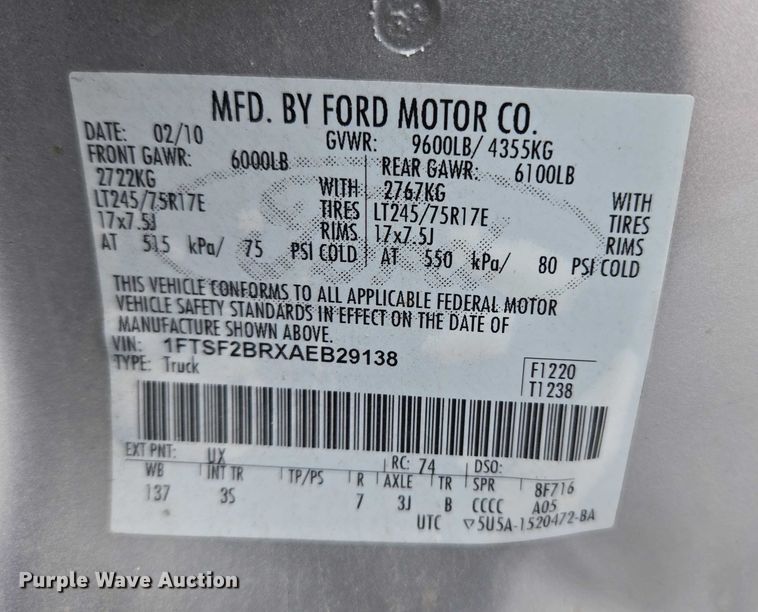 image for item ET5253 2010 Ford F250 pickup truck