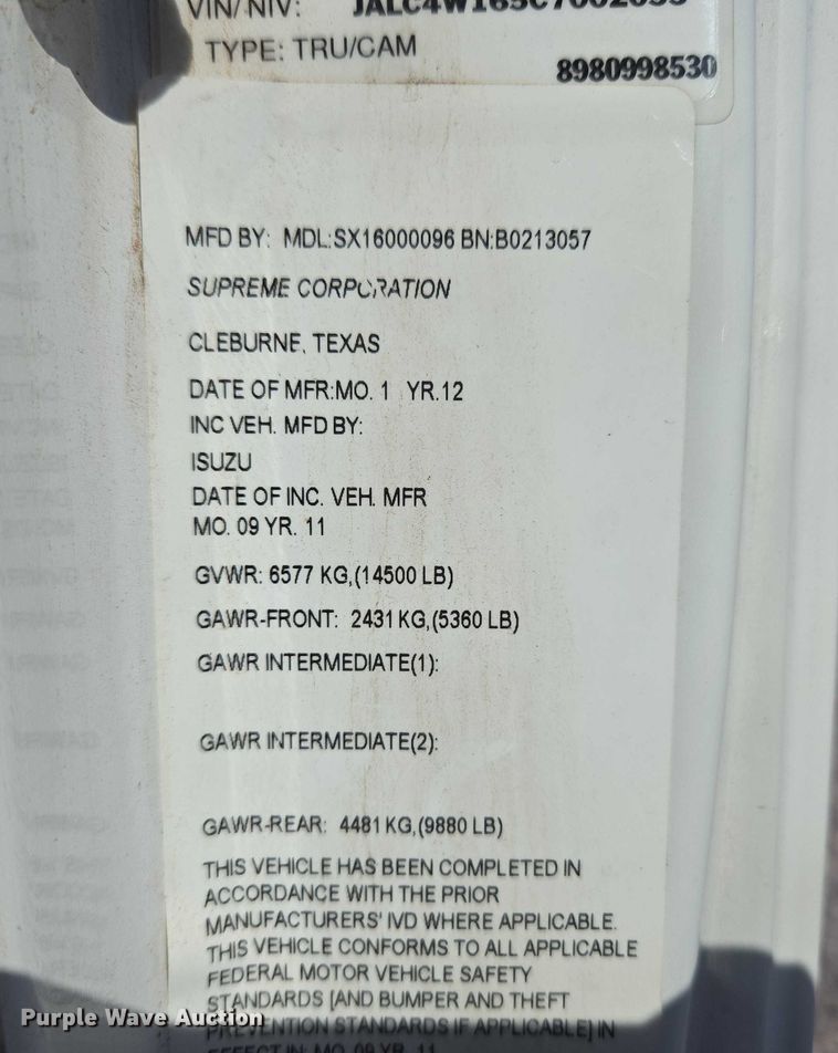 image for item ET5259 2012 Isuzu NPR flatbed truck