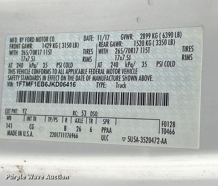 image for item ET6577 2018 Ford F150 XL pickup truck